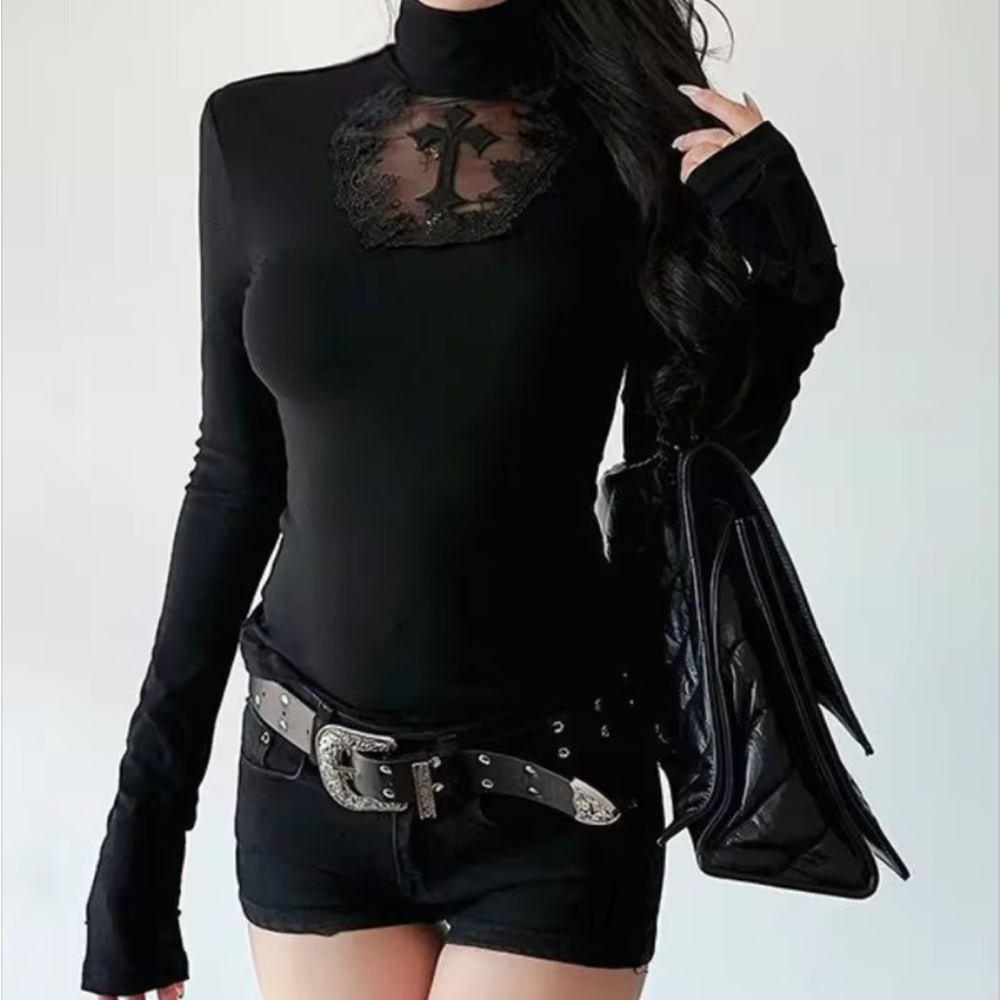 Elegant Black Lace Detail Women's Top Goth Gothic - Picture 6 of 16